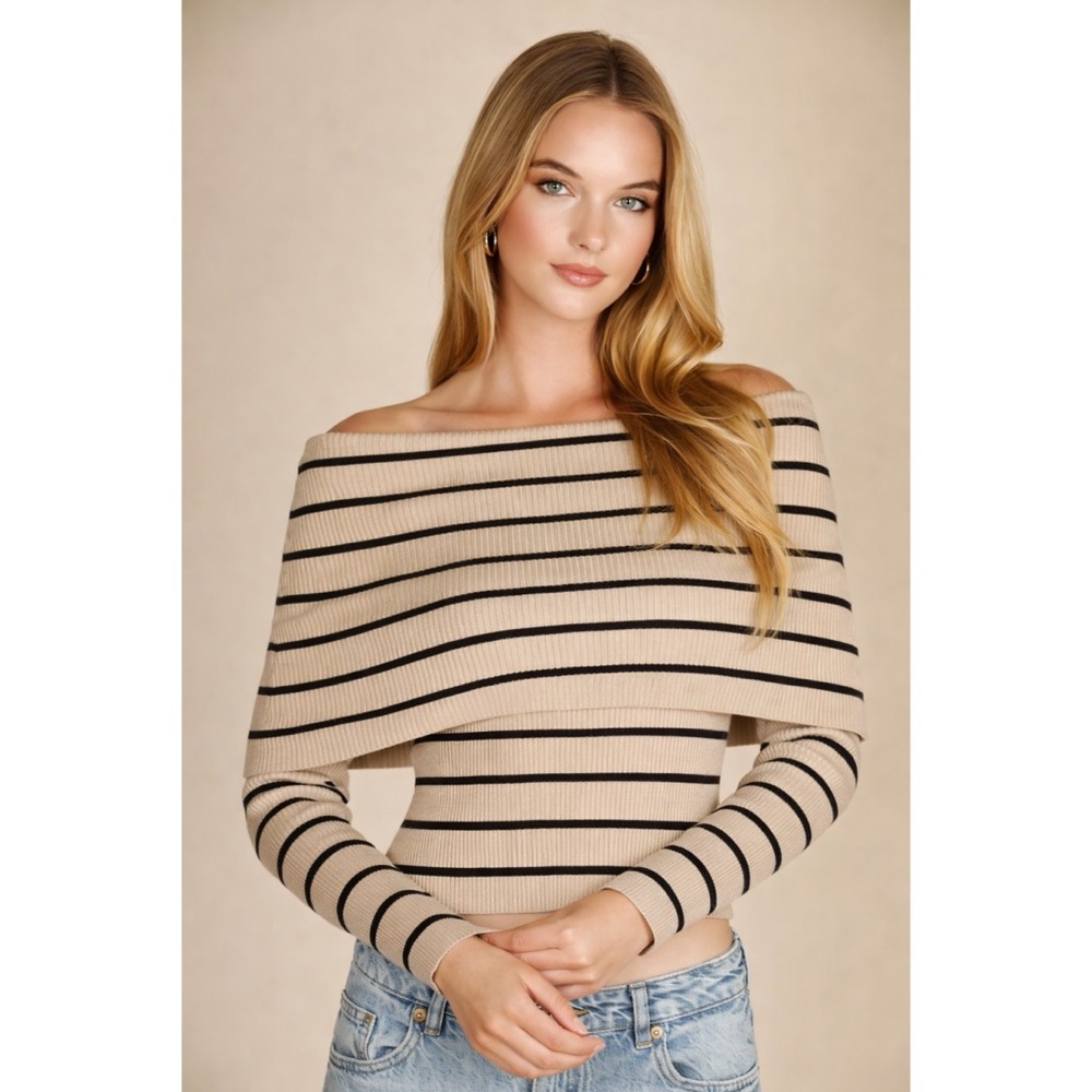 Striped Off-Shoulder Sweater - Black and Tan